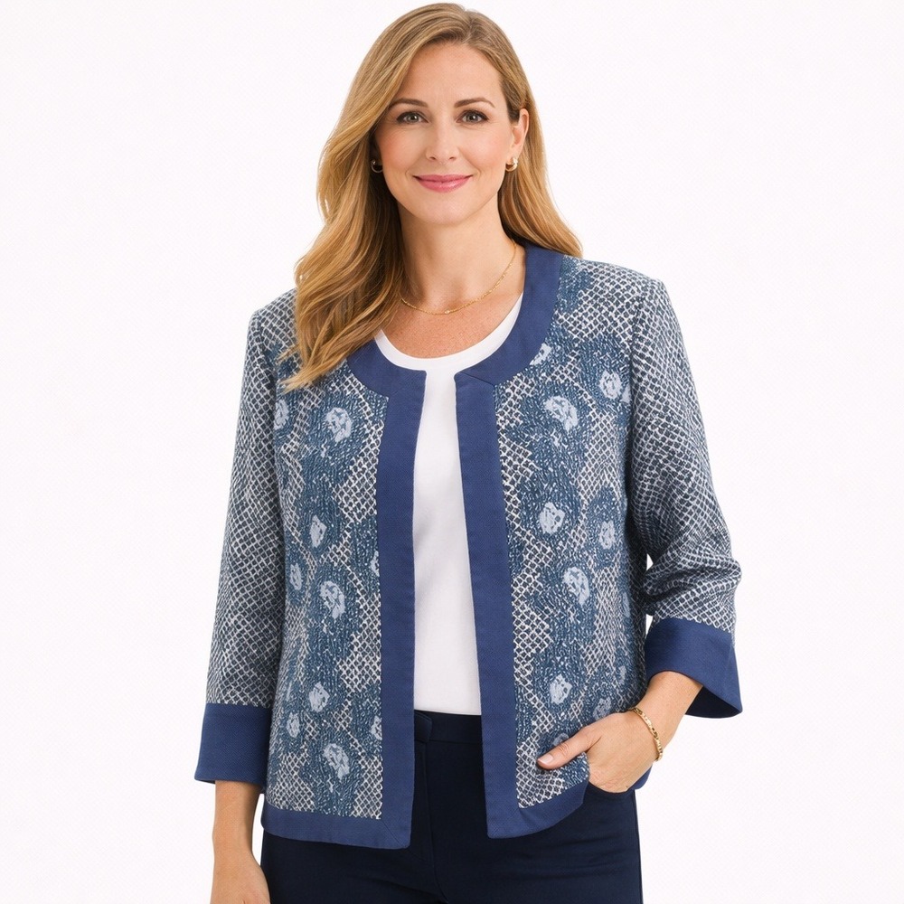 Nicole Miller Mary Kay Blue Wool‎ Jacquard Open Front Blazer Jacket 14P Petite
